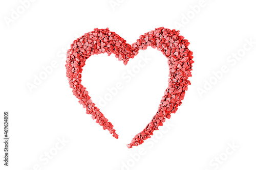 Heart shape candy red hearts background of cake sprinkles in flat lay with copy space  feminine blogger or festive love gift and Valentine s Day concept. isolated. Small hearts minimal on white