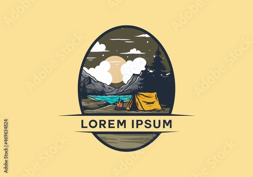 Camping with a bonfire by the lake illustration
