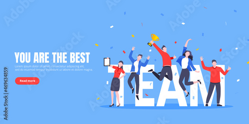 Happy business team employee team winners award ceremony flat style design vector illustration. Employee recognition and best worker competition award team celebrating victory winner business concept. photo