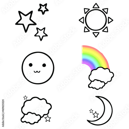 Set of weather vector line icon. Contains symbols of the sun, star, clouds, moon, and rainbow.