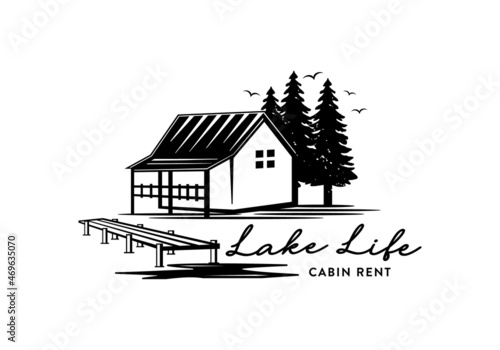 Cabin with lake view logo illustration. Resort, villa, house rent logo design template inspiration