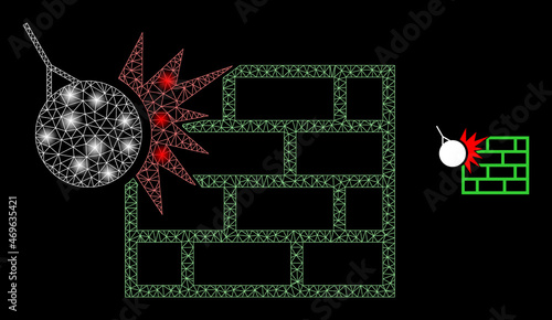 Glossy polygonal mesh net crush the wall icon with glow effect on a black background. Wire frame crush the wall iconic vector with shiny points in bright colors.