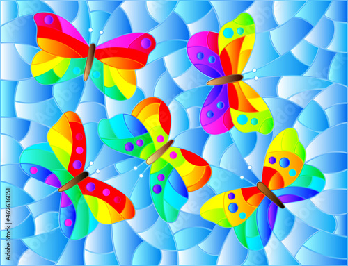 Illustration in stained glass style with abstract bright butterflies on a blue background, rectangular image