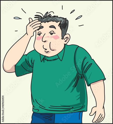 Cartoon vector illustration of a fat man sweats from abnormally hot weather