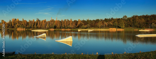 Wake board park in autumn. Outdoor and extreme sport photo