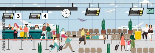 Airport terminal, waiting hall, departure lounge. Passengers check in. People walk with luggage, wait for flight, vector