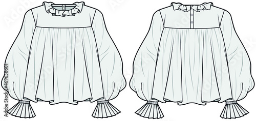 Poet Sleeve Empire Line Top With Neck Frill Front and Back View. Fashion Illustration, Vector, CAD, Technical Drawing, Flat Drawing.