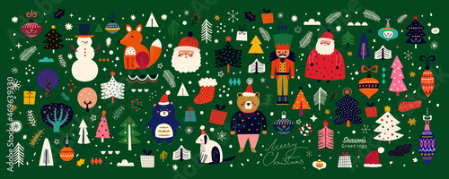 Christmas decorative banner with funny Santa Claus, nutcracker, gift boxes and many others. Big Christmas collection in Scandinavian style with traditional Christmas and New Year elements
