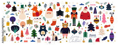 Christmas decorative banner with funny Santa Claus, nutcracker, gift boxes and many others. Big Christmas collection in Scandinavian style with traditional Christmas and New Year elements