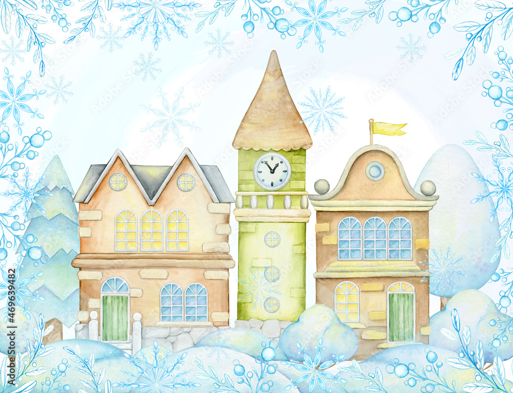 Christmas watercolor illustration with houses, Christmas tree, trees and snow. Winter scene on , in cartoon style.