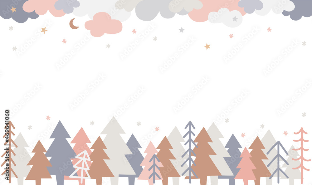 Vector illustration. Horizontal composition of clouds and forest. Boho colors. For design, for congratulations, for a notebook, for printing..Flat style.