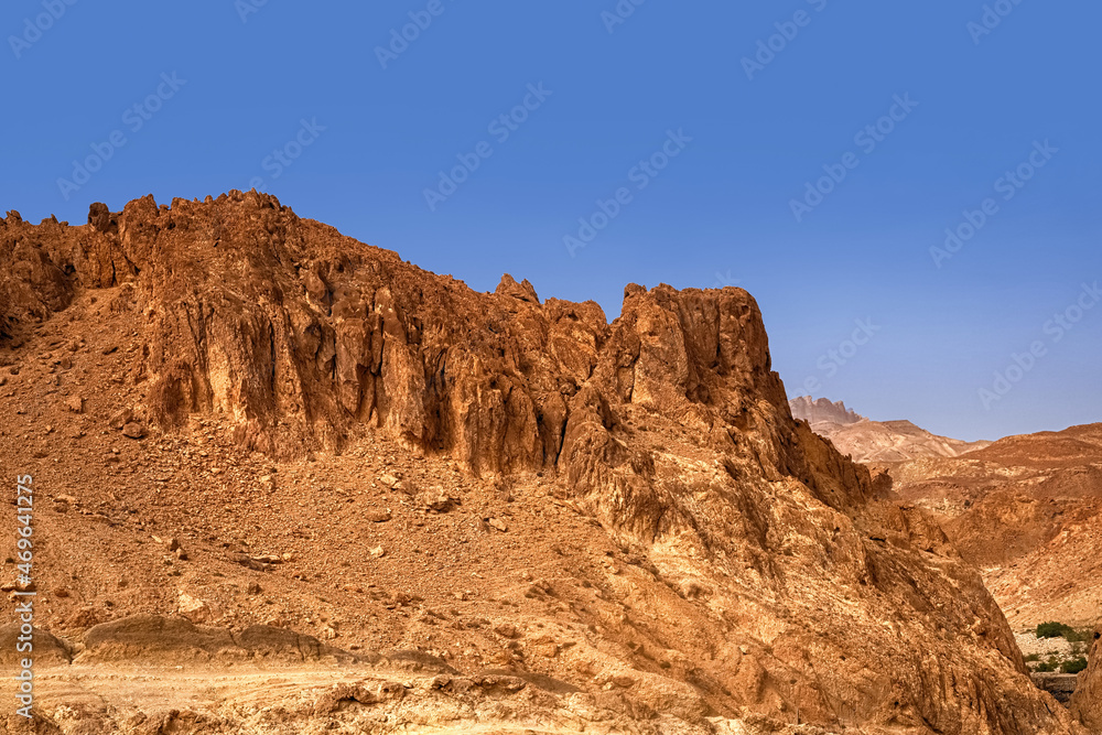 Mountain oasis Chebik, Sahara Desert. View of the Atlas mountain range. Tunisia