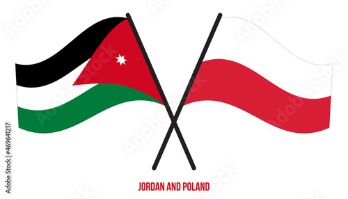 Jordan and Poland Flags Crossed And Waving Flat Style. Official Proportion. Correct Colors.