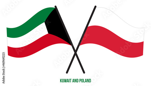 Kuwait and Poland Flags Crossed And Waving Flat Style. Official Proportion. Correct Colors.