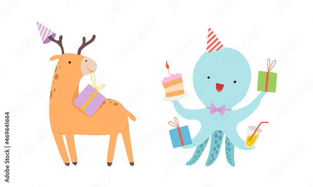 Cute Deer and Octopus Wearing Birthday Hat and Holding Gift Box Celebrating Holiday Vector Set