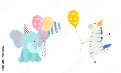 Cute Elephant and Zebra Wearing Birthday Hat Holding Balloons Celebrating Holiday Vector Set