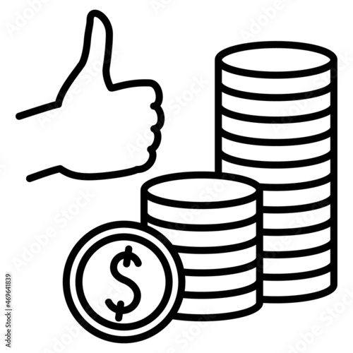 A large profit from the deposit. The success of monetary investments. Stacks of coins, a coin with a dollar symbol, an approving hand gesture. Vector icon, outline, isolated.