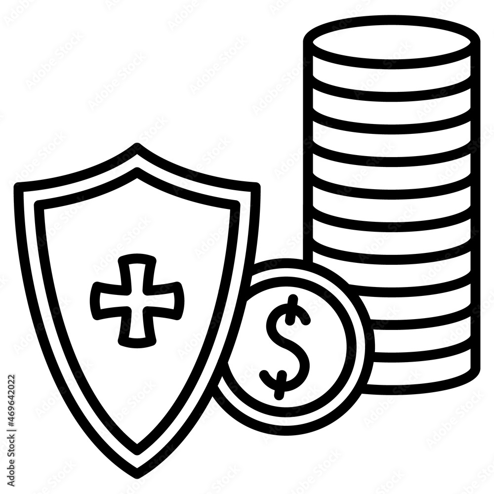 Protection of money savings, deposits, investments. Insurance of financial transactions. A protective shield, a stack of coins, a coin with a dollar symbol. Vector icon, outline, isolated. Protection of money savings, deposits, investments. Insurance of financial transactions. A protective shield, a stack of coins, a coin with a dollar symbol. Vector icon, outline, isolated.
