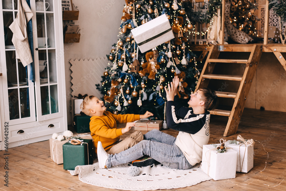 two boys are plaing with the gift under christmas tree - obrazy, fototapety, plakaty 