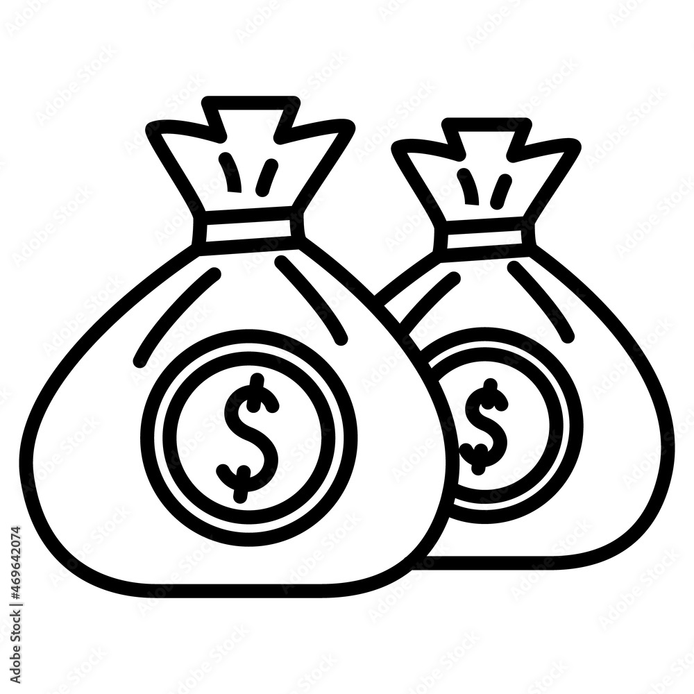 Cloth bags for carrying cash. Dollar coins in a bag. Currency storage. Vector icon, outline, isolated. Cloth bags for carrying cash. Dollar coins in a bag. Currency storage. Vector icon, outline, isolated.