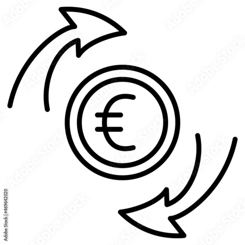 Turnover of euros. Currency exchange. A coin with a euro symbol and a circle arrow. Vector icon, outline, isolated.