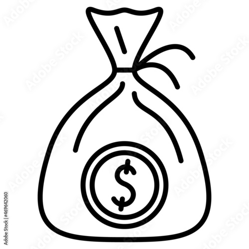A bag for carrying money. A coin with a dollar symbol in the  bank teller's bag. Vector icon, outline, isolated.