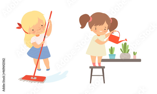 Adorable Kids Doing Housework and Housekeeping Watering Flower and Mopping the Floor Vector Set