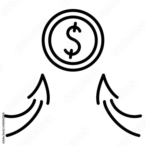 The profit of dollar investments. A coin with a dollar symbol  up arrows. The growth of the exchange rate. Vector icon  outline  isolated.