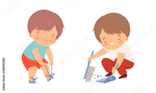 Adorable Kids Tie Shoelaces and Sweeping the Floor with Broom Vector Set
