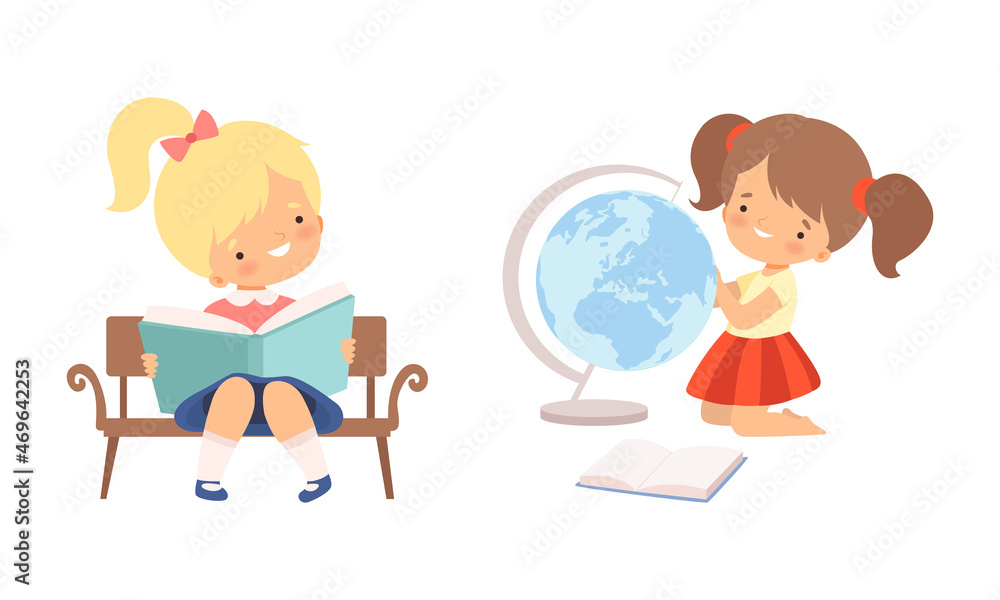 Little Girl with Ponytail Reading Book Sitting on Bench and Watching Globe Vector Set Little Girl with Ponytail Reading Book Sitting on Bench and Watching Globe Vector Set