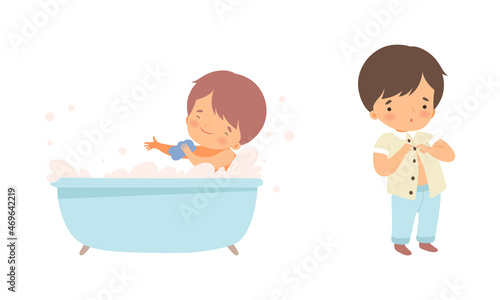 Adorable Kids Bathing in Bathtub with Foam and Changing Clothes Buttoning Shirt Vector Set