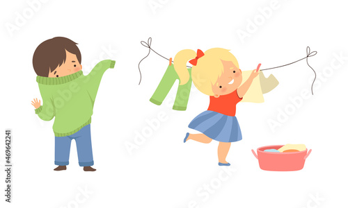 Adorable Kids Hanging Clothes on Rope and Changing Clothes Putting On Sweater Vector Set