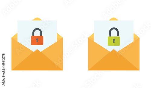 Email lock icon. An open envelope with a lock and unlock icon.