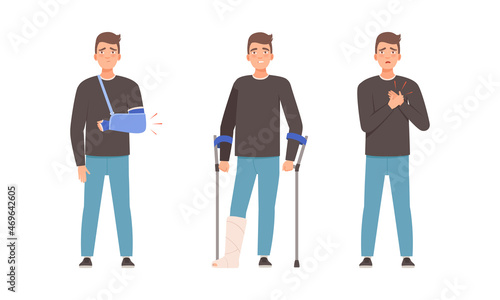 Young Man Suffering from Different Pain on Crutches and with Broken Arm Vector Set