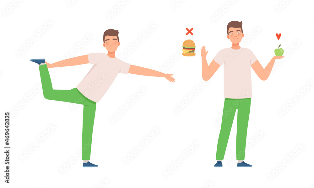 Positive Man in Green Pants Standing in Yoga Pose and Eating Healthy Food Leading Active Lifestyle Vector Set