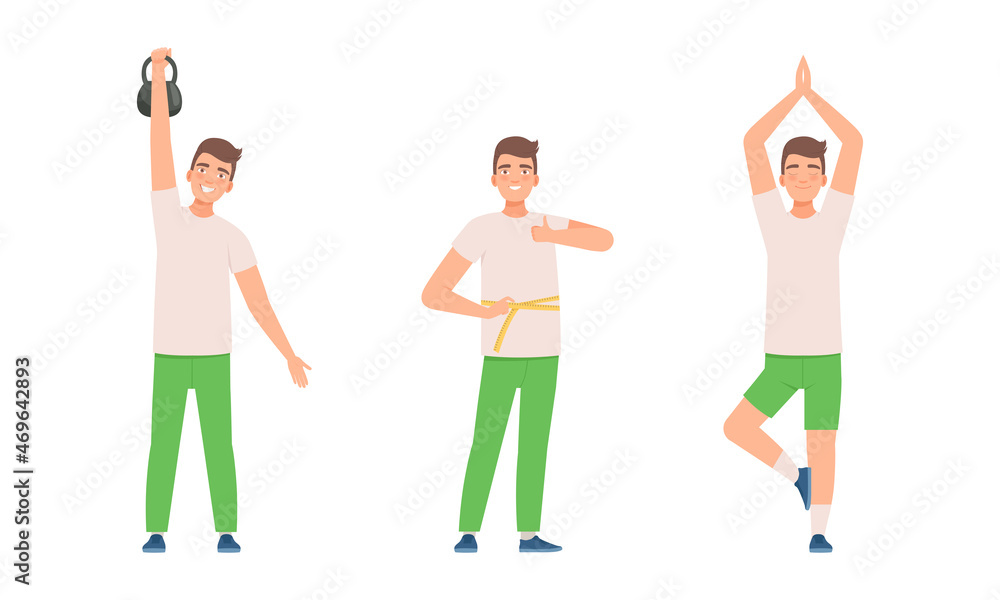 Positive Man in Green Pants Standing in Yoga Pose and Lifting Kettlebell Leading Active Lifestyle Vector Set Positive Man in Green Pants Standing in Yoga Pose and Lifting Kettlebell Leading Active Lifestyle Vector Set