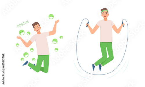 Positive Man in Green Pants Jumping Rope Leading Active Lifestyle Vector Set
