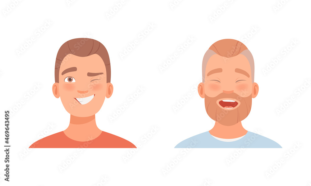 Man Head with Smile and Laugh as Facial Expression Vector Set Man Head with Smile and Laugh as Facial Expression Vector Set