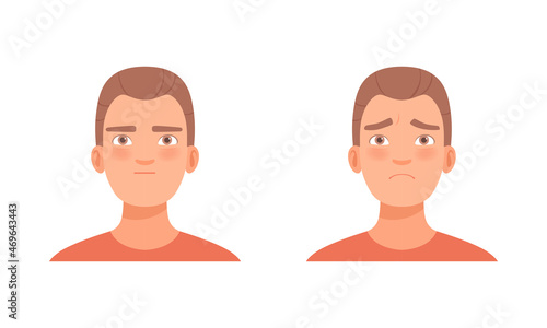 Man Head with Sad and Neutral Facial Expression Vector Set