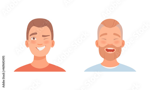 Man Head with Smile and Laugh as Facial Expression Vector Set