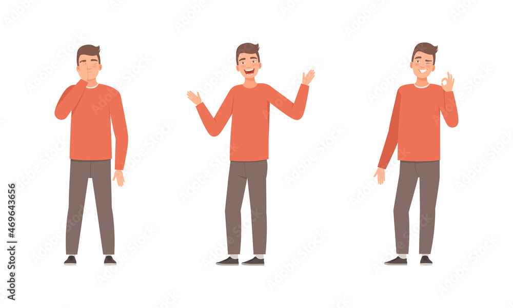Young Man Expressing Different Emotion with Ok Hand Sign and Palm on Face Vector Set Young Man Expressing Different Emotion with Ok Hand Sign and Palm on Face Vector Set