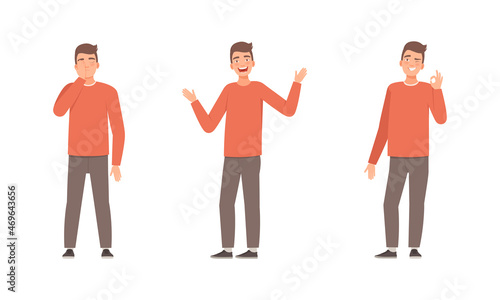 Young Man Expressing Different Emotion with Ok Hand Sign and Palm on Face Vector Set