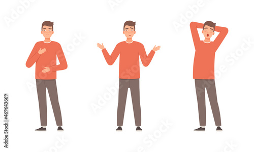 Young Man Expressing Different Emotion Yawning and Confusion Vector Set