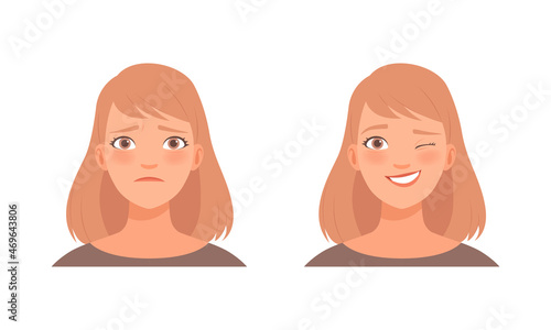 Woman Head with Short Hairstyle Smiling and Sad Facial Expression Vector Set