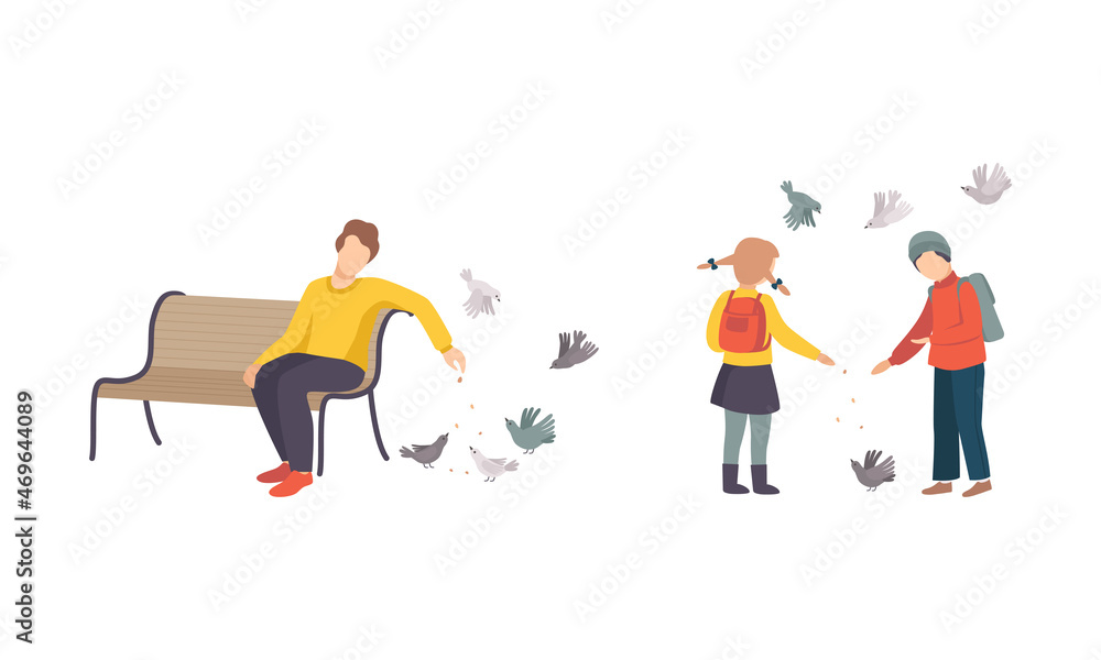People Character Feeding Birds with Crumbs Walking in the Park Vector Set
