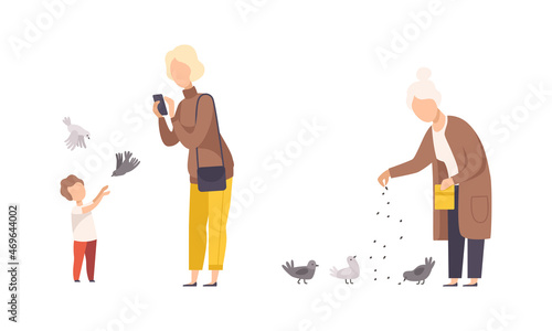 People Character Feeding Birds with Seeds and Taking Photo Walking in the Park Vector Set