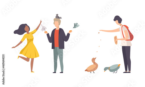 People Character Feeding Birds with Crumbs Walking in the Park Vector Set