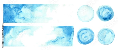 Set of blue watercolor circles, backgrounds, frames. Different style round washes, textures. Backdrop, place for text.