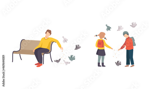 People Character Feeding Birds with Crumbs Walking in the Park Vector Set