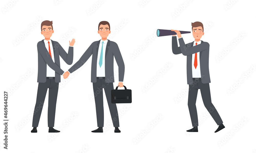 Businessman or Office Employee Wearing Suit and Tie Watching Spyglass and Shaking Hand Vector Set Businessman or Office Employee Wearing Suit and Tie Watching Spyglass and Shaking Hand Vector Set